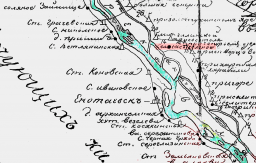 Фрагмент карты 1770 г. (красным выделено село Сасыкельское)